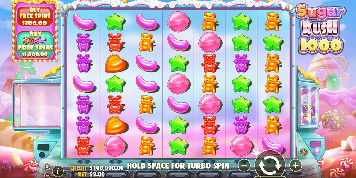 Sugar Rush 1000 slot gameplay screen showing a grid filled with colourful candy symbols (gummy bears, stars, jelly beans and heart sweets), with “Buy Free Spins” options on the left and the Sugar Rush 1000 logo on the right above the spin controls.