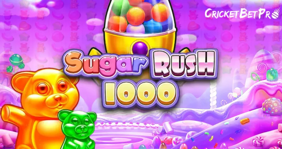 Colorful Sugar Rush 1000 promo banner with the game title centered over a purple candyland background, a gumball-filled rocket machine above, and shiny golden and green gummy bears in the foreground, plus a CricketBetPro watermark in the top-right.
